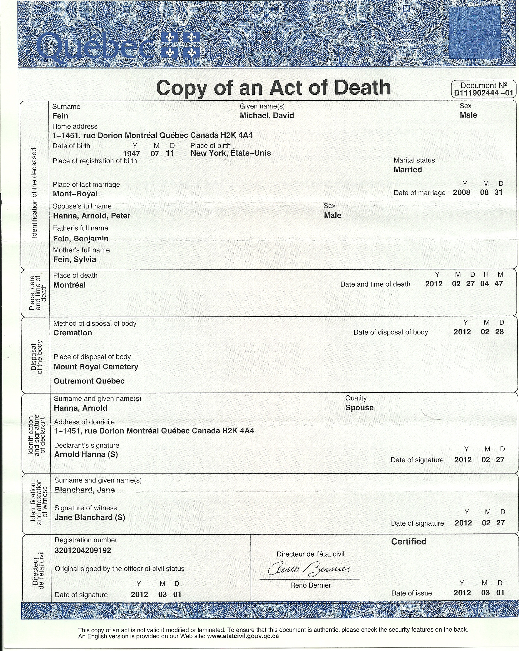 Quebec Act Of Death Michael David Fein